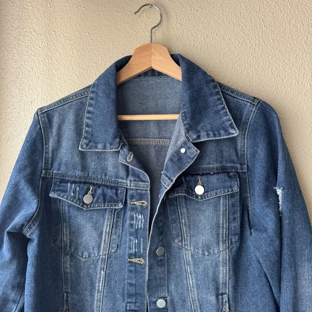 Jean Jacket - Ripped Distressed Fringe Denim Jacket with Pockets - Size L - Picture 3 of 6